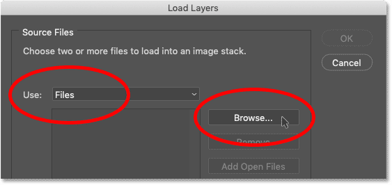 تنظیم گزینه Use یا Files یا Folder و کلیک کردن روی مرور در کادر محاوره ای Load Layers Photoshop