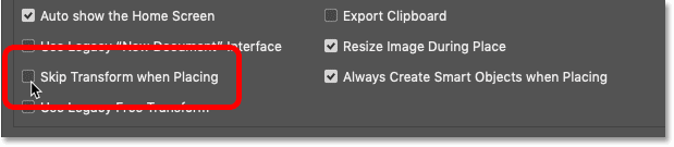 گزینه Skip Transform when Placing در تنظیمات فتوشاپ