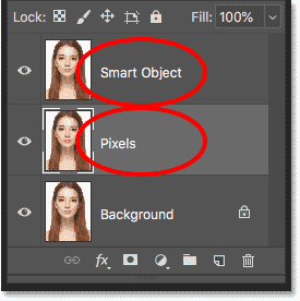 تغییر نام لایه فوقانی "Smart Object" و لایه میانی "Pixels" در صفحه لایه ها