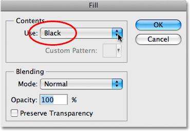 انتخاب رنگ سیاه برای رنگ پر کردن در کادر محاوره ای Fill.