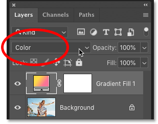 تغییر حالت ترکیب لایه Gradient Fill به Color در فتوشاپ