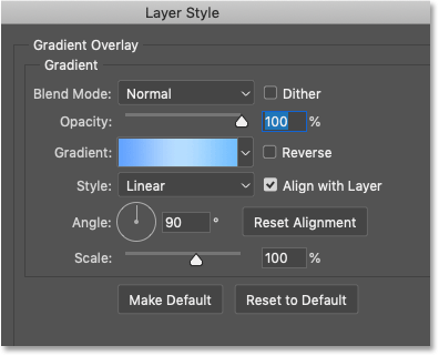 گزینه های Gradient Overlay در کادر محاوره ای لایه لایه Photoshop