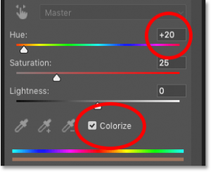 روشن کردن گزینه Colorize و انتخاب رنگ
